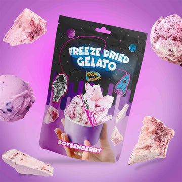 Freeze-dried gelato package with pink ice cream pieces on a purple background.
