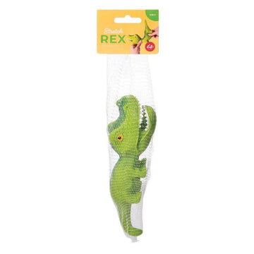 A stretchy green dinosaur toy inside a mesh bag attached to a tag that says 'Stretch Rex'.