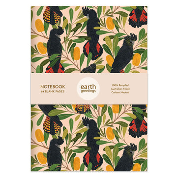 Front cover of a notebook illustrated with black cockatoos and banksias.