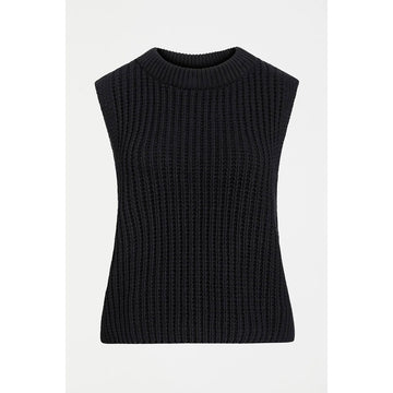 Black ribbed knit sleeveless sweater on a white background.