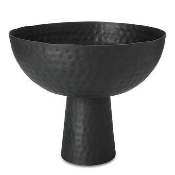 A black pedestal bowl made from a textured aluminium.