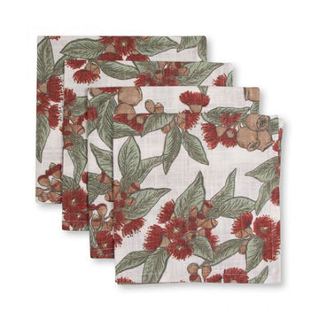 Set of four floral-patterned napkins on a white background.