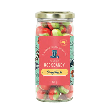 Jar of Rosy Apple rock candy with a colorful label on a white background.