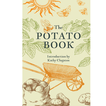 "The Potato Book" Image of a sack of potatoes, wheelbarrow, sun and a bee on a light green background. 