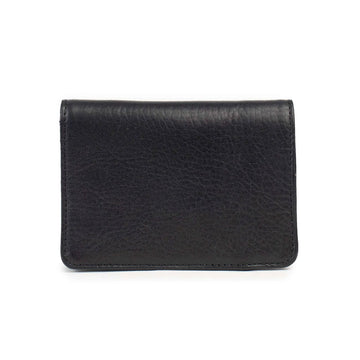 Black leather wallet on a white background.