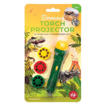 A green and yellow torch is inside clear packaging with three discs. The packaging is attached to a card that says 'Dinosaurs Torch Projector' with images of dinosaurs.