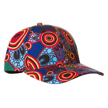A cap printed with artwork by Justin Butler with a colourful circle design with arches.