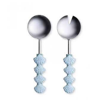 A pair of salad serves with blue shells on the handles.