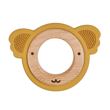 Wooden teething ring with a yellow koala design on a white background.