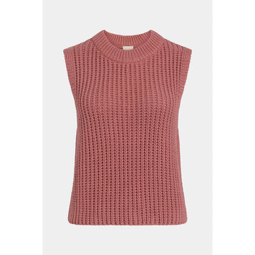 Pink knitted sleeveless top on a white background.
