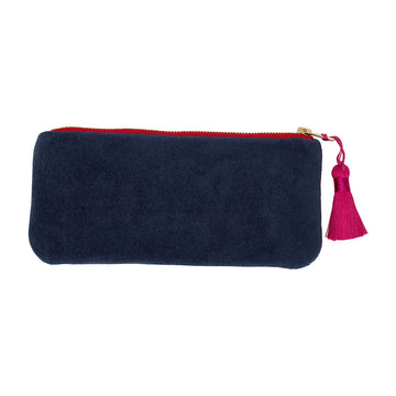 A navy blue rectangle shaped makeup bag with a pink zip and tassel.