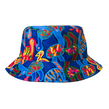 A bucket hat printed with artwork of colourful emus by Thelma Beeton.