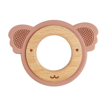 Baby teether with wooden center and pink outer shell koala design on a white background.