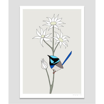 Illustration of a bird perched on a flower with a white frame.