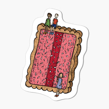 A shaped magnet with an Illustration of an iced vovo biscuit, with three people on a white background.
