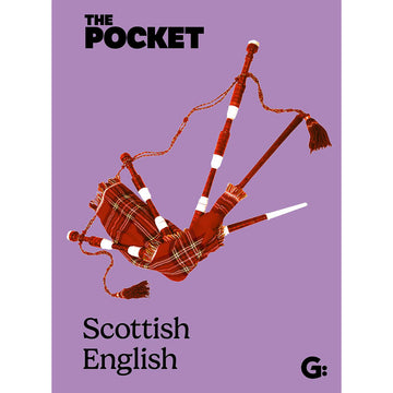 'Scottish English' book cover featuring a photo of bagpipes on a purple background.