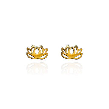 A pair of gold stud earrings shaped like lotus flowers.