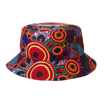 A bucket hat printed with artwork by Justin Butler.