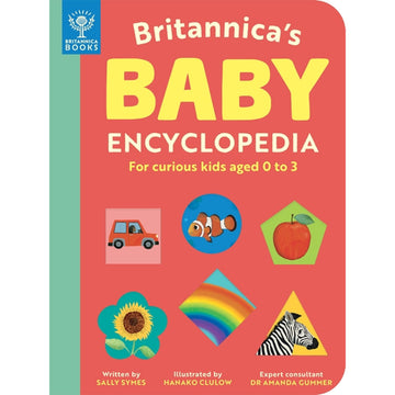 'Britannica's Baby Encyclopedia' book cover featuring a red background with illustrations of a car, fish, apple, sunflower, rainbow and zebra in different shapes.