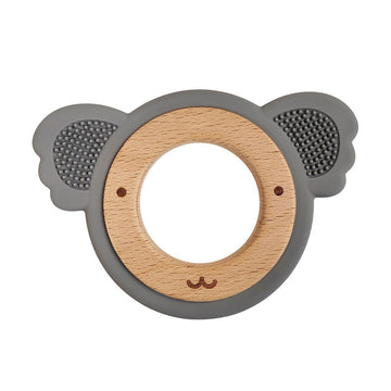 A wooden teether ring with a silicone koala shaped ears around it in grey.