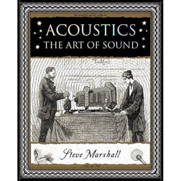 'Acoustics The Art of Sound' book cover featuring an illustration of two people using an object to measure sound.
