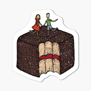 A magnet with an illustration of two people standing on a lamington.