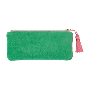 A green rectangle shaped makeup bag with a pink zip and tassel.