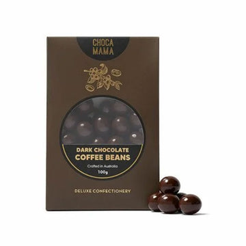 A dark brown box with a cut out showing chocolate covered coffee beans inside.