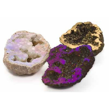 Three geodes  pictured in three different colours.