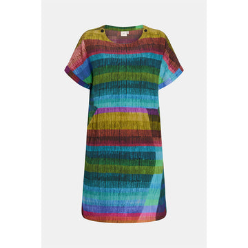 A short sleeve dress with a colourful horizontal stripe design.