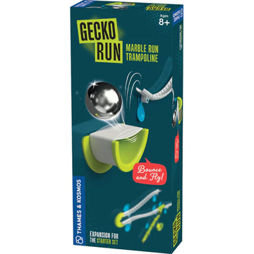 A box titled 'Gecko Run Marble Run Trampoline' with a photo of a marble bouncing off a round trampoline.