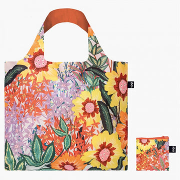 A reusable tote bag printed with a floral illustration by Pomme Chan. There is a matching pouch next to the bag.