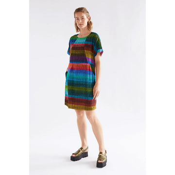 A short sleeve dress with a colourful horizontal stripe design.