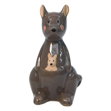 Ceramic kangaroo-shaped sculpture on a white background.