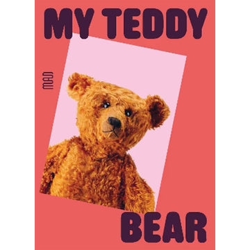 'My Teddy Bear' book cover featuring a photo of a teddy bear on a coral coloured background.