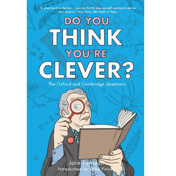 'Do you think you're clever?' book cover featuring an illustration of a man using a magnifying glass to read a book against a blue background.