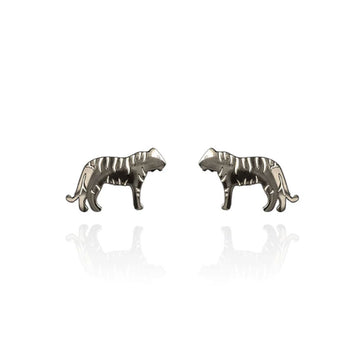 A pair of silver stud earrings shaped like tigers.