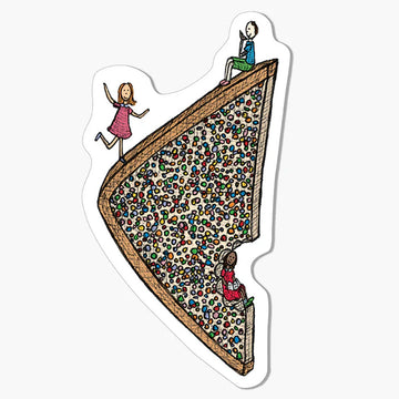 A magnet with an illustration of three people standing and sitting on a piece of fairy bread.