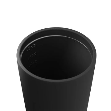A ceramic reusable coffee cup in dark grey with a black lid and the text 'made by Fressko' on the bottom.