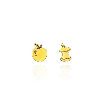 A pair of gold stud earrings shaped like apples. One stud is a full apple and the other is an apple core.