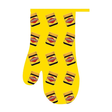 An yellow oven mitt printed with jars of Vegemite.