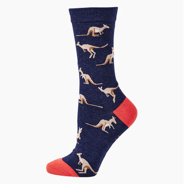 A pair of navy socks with a red heel and toe and printed with kangaroos.