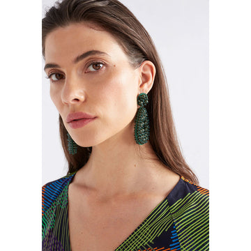 A pair of drop earrings with a circle top and tear drop bottom covered with blue beads.