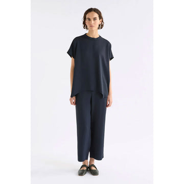 Navy blue t-shirt on a white background.