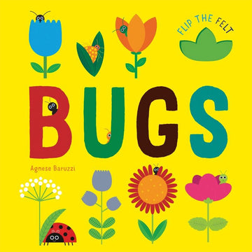 'Bugs' book cover featuring illustrations of different flowers and bugs on a yellow background.