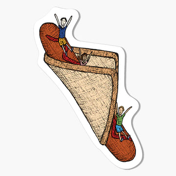 Magnet with illustration of a sausage in bread with people inside on a white background