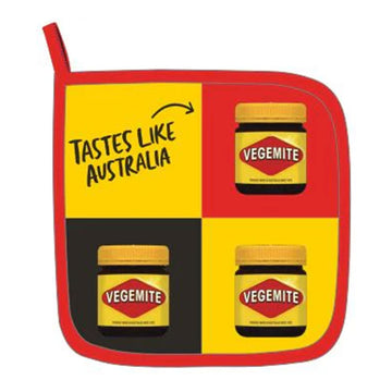 A fabric pot holder printed with three vegemite jars in a grid design and the text 'Tastes Like Australia' in the fourth square.