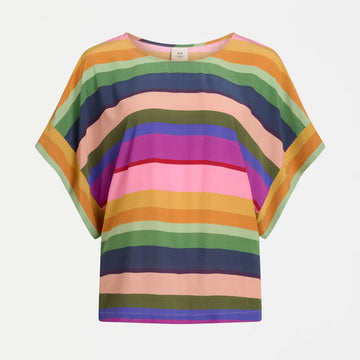 Multicolored striped t-shirt on a white background.