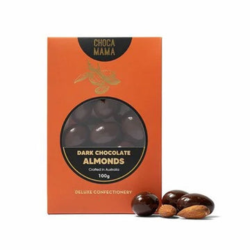 Box of Choco Mama dark chocolate almonds on a white background.