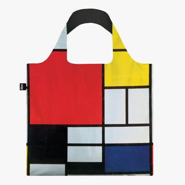 A reusable tote bag printed with Piet Mondrian’s artwork consisting of a red, blue and yellow squares and rectangles with black and white squares and rectangles.
